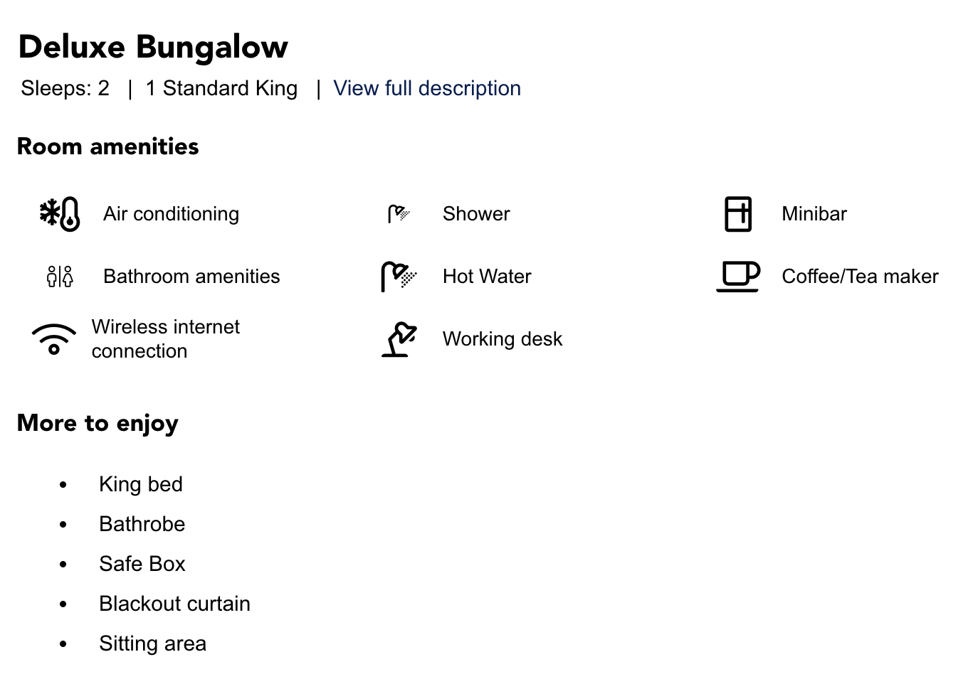 Deluxe Bungalow Amenities