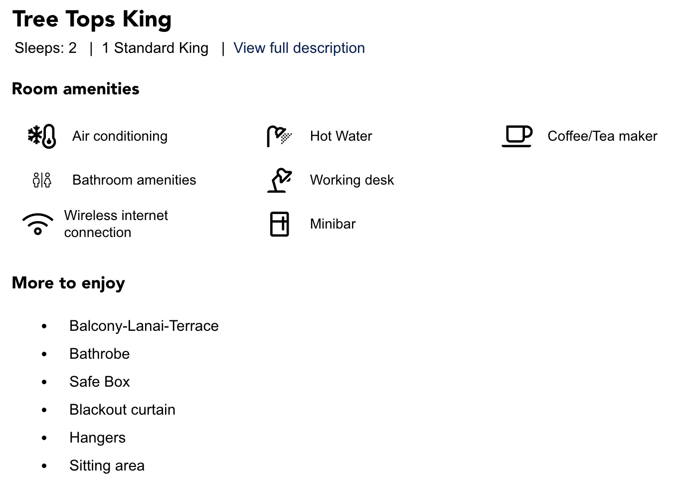 Treetop King Amenities